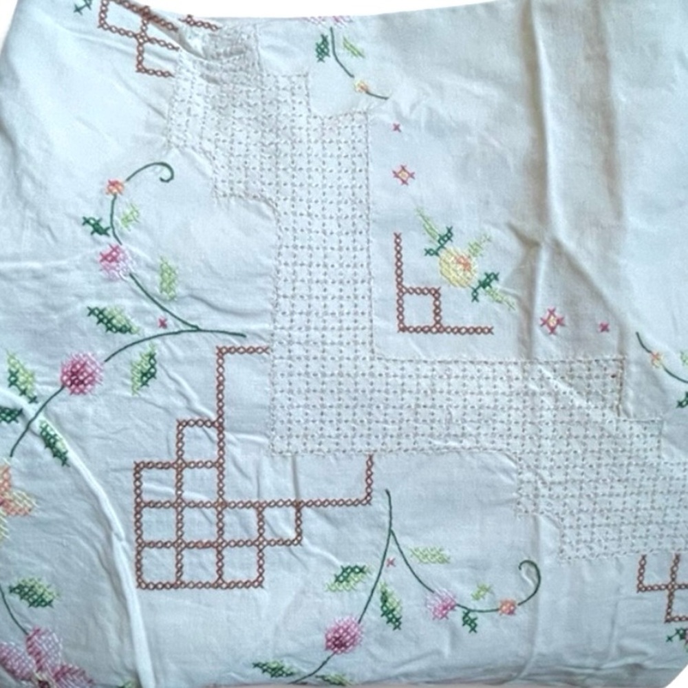 Vintage Tablecloth Hand Embroidered Floral CrossStitch  50” Sewing Upcycle craft - Picture 3 of 14